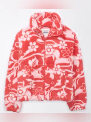 American Eagle Red/White Bear Hug Cozy Sherpa Zip Jacket‎ Sz Med Boho-Chic Fairy thumbnail 5