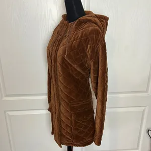 VINTAGE Brown CORDUROY Quilted Women's ZIP UP HOODED WARM Jacket thumbnail 3