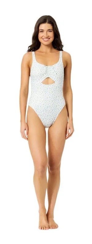 NWT California Waves Ditsy Wide Rib Tunneled One-Piece Swimsuit Blue Combo M thumbnail 1