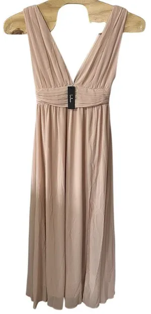 Lulus Heavenly Hues‎ Blush Pink Maxi Dress Front Slit Size Medium Deep Vneck NWT thumbnail 1