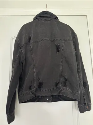 Hollister Black Sherpa-Trim Distressed Denim Jacket Black Sz M thumbnail 5