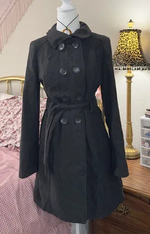 Y2K Dark Gray Double-Breasted Peacoat with Belt thumbnail 1