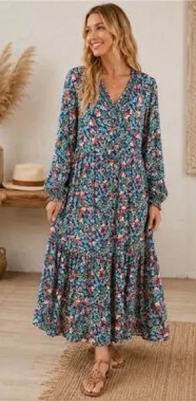 Natural Life Floral Rebecca Tiered Midi Dress Blue Floral Size M thumbnail 1