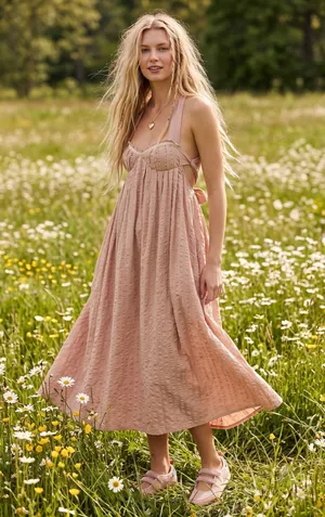 Free People Bohemian Beachy Seersucker Poppy Midi Dress Sundress Blush Medium thumbnail 1