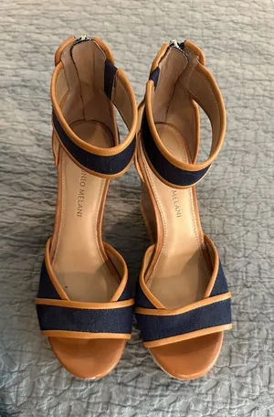 ANTONIO MELANI Navy and Tan Ankle-Strap Block Heels thumbnail 1