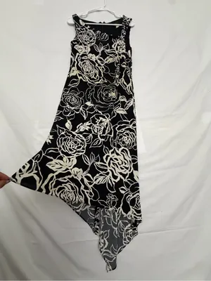 Mary L Couture Women Black Ivory Floral Asymmetric Hem Midi Dress Sz 10(A853) thumbnail 4