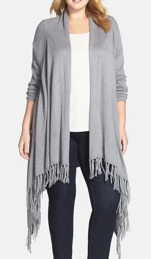 Melissa McCarthy Seven7 Gray Fringe‎ Cardigan Sweater Waterfall Duster Size 2X thumbnail 1