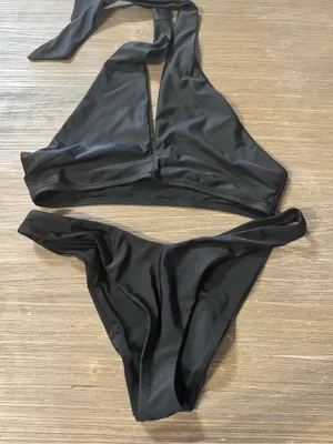 aerie Black V-Neck Halter Bikini Small Top Medium Bottom thumbnail 1