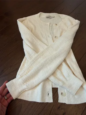 LOFT Cream Button-Front Puff-Sleeve Ribbed Sweater Cardigan Size Small - C54-144 thumbnail 5