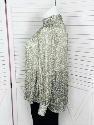H&M Floral Pleated Mock Neck Blouse Green Cream Large Sheer Satin Office Boho thumbnail 3