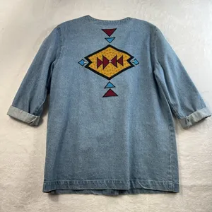 Vintage S Small Denim Jacket‎ Southwest Boho Aztec Embroidered Oversized USA thumbnail 12