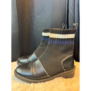 Black Ribbed Knit Sock Ankle Boots Striped Cuff Lug Sole Chelsea Boots Goth thumbnail 6