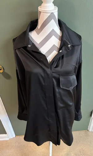 Zara Black Satin Button-Front Shirt thumbnail 1