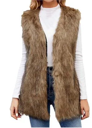 Faux Fur Open Front Vest in Taupe Brown thumbnail 1