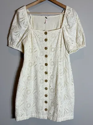 Free People Daniella Eyelet Mini Dress Women's 2 Ivory Puff Sleeve Boho Cotton thumbnail 7