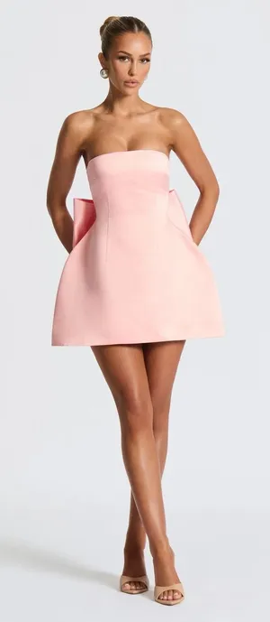 NWT Babyboo Abbey Blush Pink Bow Corset Fit & Flare Strapless Mini Dress Size S thumbnail 1