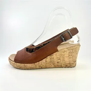 Crocs A-Leigh Brown Leather Cork Wedge Sandals Slingback Peep Toe Comfort Size 8 thumbnail 4