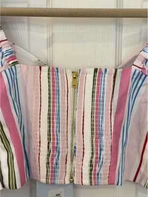 Hill House Home The Isabella Top Rainbow Stripe Puff Sleeve Bow Crop Top NWT S thumbnail 9