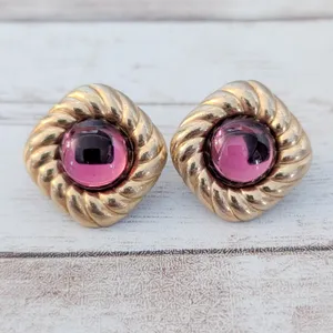 Vintage Avon Clip On Earrings Pink with Gold Tone Chunky Halo - Rear Tarnish thumbnail 2