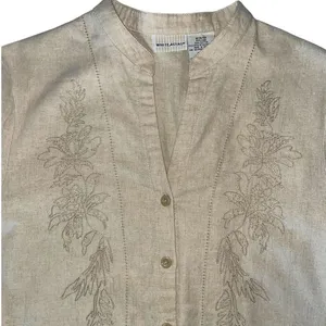 White Stag Tan Linen Blend Mandarin Collar Tunic with Flower Accents M thumbnail 9