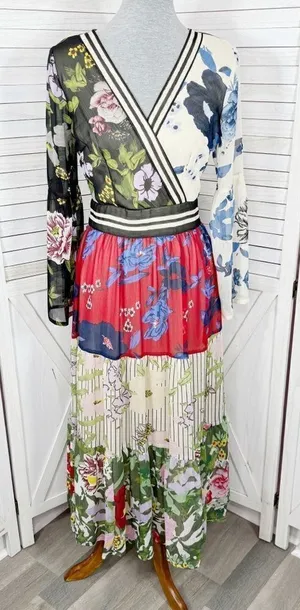 Kaktus Maxi‎ Dress Small Floral Patternblock Patchwork Tiered Cottagecore Boho thumbnail 1