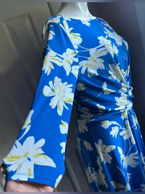 TOMMY HILFIGER Blue & White Floral Draped Midi 3/4th Sleeves Dress Sz 12 thumbnail 7