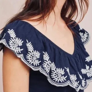 Anthropologie Moulinette Soeurs Embroidered Nautical Navy Sz Medium Top thumbnail 2