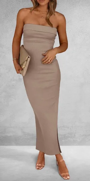 PRETTYGARDEN Ribbed tan strapless dress thumbnail 1