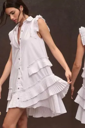 Anthropologie White ruffle sleeveless button down dress - Size XS thumbnail 1