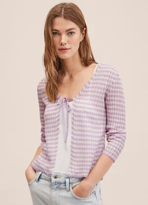 Mango NWT KNITTED CROPPED CARDIGAN STRIPED PURPLE WHITE LIGHTWEIGHT TIE DETAIL thumbnail 1