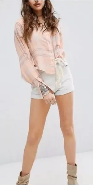 Free People Cotton Cropped Plaid Coral Light Pink Peach Button Down thumbnail 1