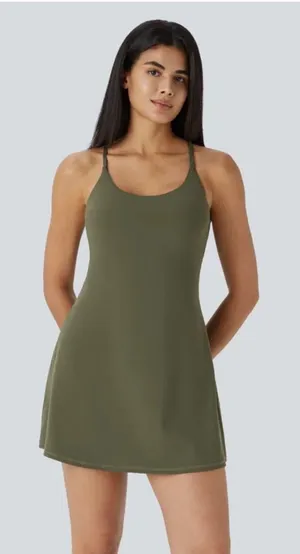 Halara Everyday Activity Dress Olive Green Built-in Shorts Cross Back Size L thumbnail 1