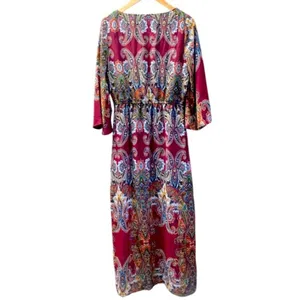 Signature Collection Paisley Maxi Dress M Burgundy Red Boho V-Neck Bell Sleeve thumbnail 4