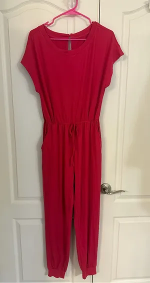 Women’s Short Sleeve Drawstring Jumpsuit in Bright Pink thumbnail 1