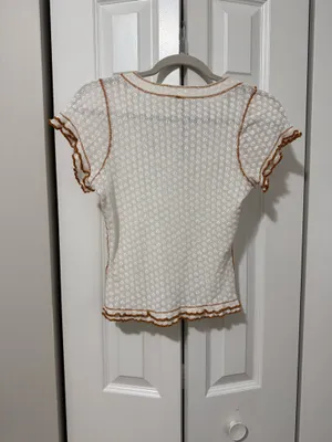 Free People Cream Garner Short Sleeve Top with Brown Stitching Accent thumbnail 5