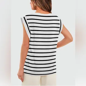 Striped Black and WhiteCap Sleeve Women's Top thumbnail 2