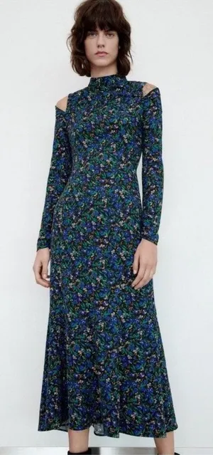 Zara Womens Blue Floral Cold Shoulder Mock Neck‎ Long Sleeve Midi Dress Large thumbnail 1