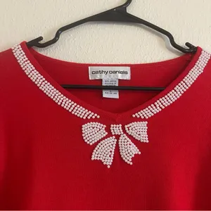 Cathy Daniels Vintage Pearl Bow Christmas Winter Sweater thumbnail 2