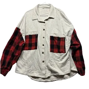 POL Black Plaid Mixed Media Oversized Shacket Women’s Size M YKT19 Boho Hippie thumbnail 1