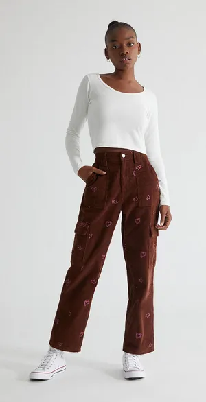 PacSun Womens Heartbreaker Brown Corduroy Cargo Elastic Waist Pants Size Medium thumbnail 1