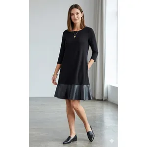 Annalee + Hope Black Faux Leather Trim Shift‎ Dress 3/4 Sleeve Large Made in USA thumbnail 9