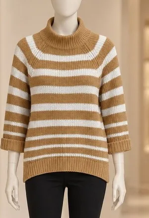 Style & Co Womens Sweater Mock Neck Striped Cotton Knit Camel White PS thumbnail 1