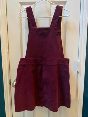 Burgundy Corduroy Pinafore Dress with Ruffle Pocket thumbnail 2