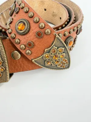 VTG Y2K Studded Western Women Belt XL Amber Accents Bronze 100% Italian Leather thumbnail 9