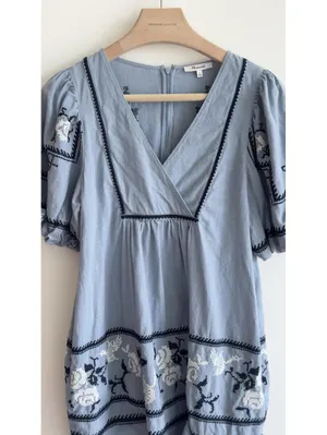 Madewell Embroidered Foldover V-Neck Mini Dress Terrace Blue Cotton Puff Sleeve thumbnail 9