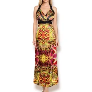 Y2K Zum Zum Niki Livas Neon Animal Print Sequin Halter Maxi‎ Dress XS Open Back thumbnail 2