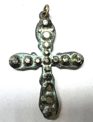 Anne Koplik Faith Jesus decorative cross pendant iridescent crystals aged metal thumbnail 1