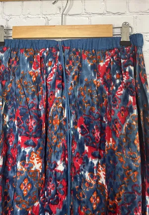 Angie Colorful Boho Flowy Maxi Skirt. Like new. Elastic waistband. Long beaded ties. Blue orange red white. Great festival skirt. Watercolor. 39” long. 13”-16” waist thumbnail 2