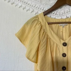 Main Strip Yellow Ruffle Mini Dress V Neck Button Front Women’s Medium thumbnail 4