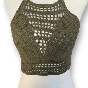 Charlotte Russe Crochet Knit Halter Olive Green Open Back Festival Crop Top‎ Small Forrest Fairy thumbnail 8
